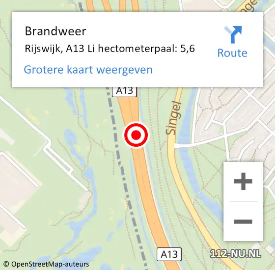 Locatie op kaart van de 112 melding: Brandweer Rijswijk, A13 L hectometerpaal: 5,8 op 11 januari 2018 18:30