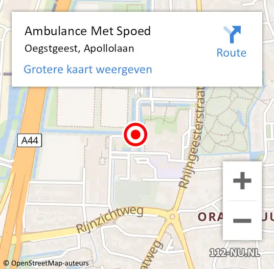 Locatie op kaart van de 112 melding: Ambulance Met Spoed Naar Oegstgeest, Apollolaan op 12 januari 2018 22:39