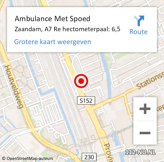 Locatie op kaart van de 112 melding: Ambulance Met Spoed Naar Zaandam, A8 Re hectometerpaal: 6,3 op 12 januari 2018 23:51