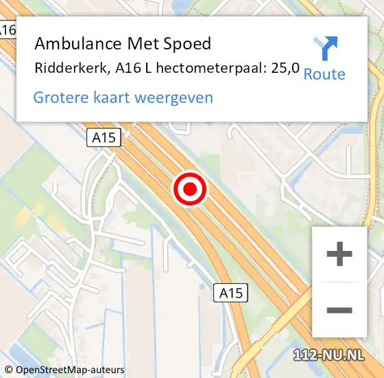 Locatie op kaart van de 112 melding: Ambulance Met Spoed Naar Ridderkerk, A16 L hectometerpaal: 25,0 op 13 januari 2018 14:40