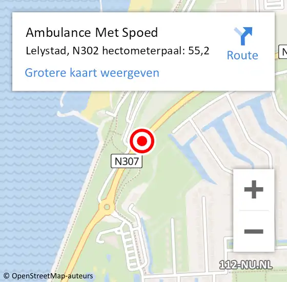 Locatie op kaart van de 112 melding: Ambulance Met Spoed Naar Lelystad, N302 hectometerpaal: 55,2 op 13 januari 2018 15:32