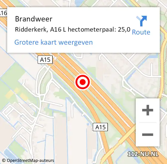 Locatie op kaart van de 112 melding: Brandweer Ridderkerk, A16 L hectometerpaal: 25,0 op 13 januari 2018 15:37