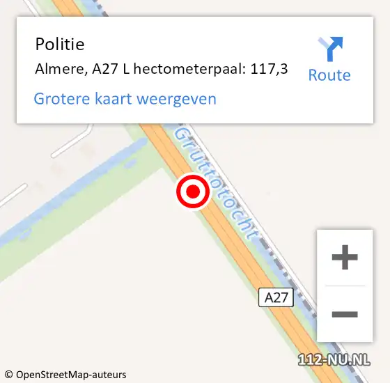 Locatie op kaart van de 112 melding: Politie Almere, A27 R hectometerpaal: 115,4 op 15 januari 2018 06:24
