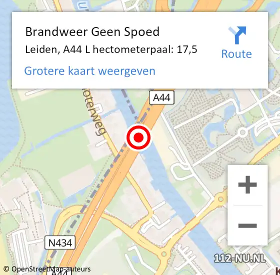 Locatie op kaart van de 112 melding: Brandweer Geen Spoed Naar Leiden, A44 L hectometerpaal: 19,2 op 15 januari 2018 09:45