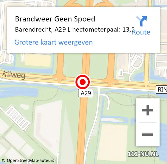 Locatie op kaart van de 112 melding: Brandweer Geen Spoed Naar Barendrecht, A29 L hectometerpaal: 13,5 op 16 januari 2018 07:43