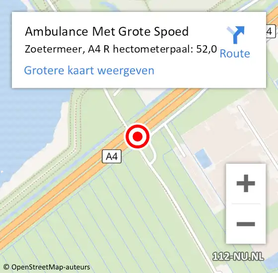 Locatie op kaart van de 112 melding: Ambulance Met Grote Spoed Naar Zoetermeer, A4 R hectometerpaal: 52,0 op 16 januari 2018 08:57