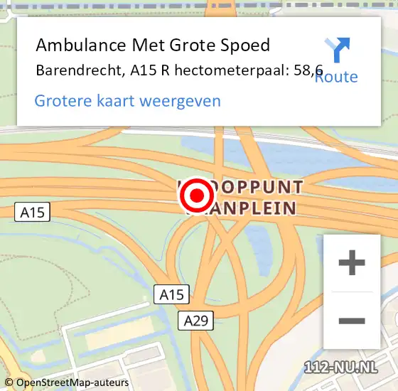 Locatie op kaart van de 112 melding: Ambulance Met Grote Spoed Naar Barendrecht, A15 R hectometerpaal: 58,6 op 16 januari 2018 08:59