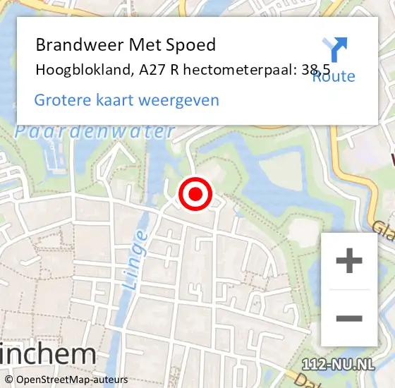 Locatie op kaart van de 112 melding: Brandweer Met Spoed Naar Hoogblokland, A27 R hectometerpaal: 38,5 op 16 januari 2018 10:47