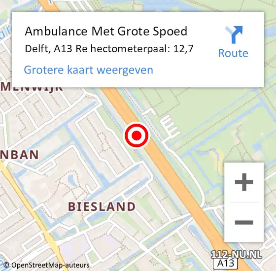 Locatie op kaart van de 112 melding: Ambulance Met Grote Spoed Naar Delft, A13 R hectometerpaal: 8,5 op 16 januari 2018 15:44