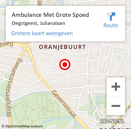 Locatie op kaart van de 112 melding: Ambulance Met Grote Spoed Naar Oegstgeest, Julianalaan op 16 januari 2018 19:08