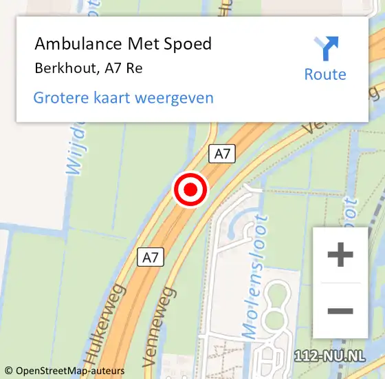 Locatie op kaart van de 112 melding: Ambulance Met Spoed Naar Berkhout, A7 L hectometerpaal: 33,6 op 17 januari 2018 06:44
