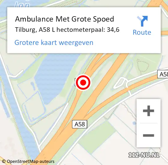 Locatie op kaart van de 112 melding: Ambulance Met Grote Spoed Naar Tilburg, A58 R hectometerpaal: 37,4 op 17 januari 2018 12:12