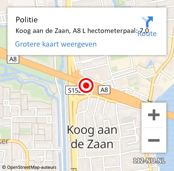 Locatie op kaart van de 112 melding: Politie Koog aan de Zaan, A8 L hectometerpaal: 7,0 op 17 januari 2018 18:52