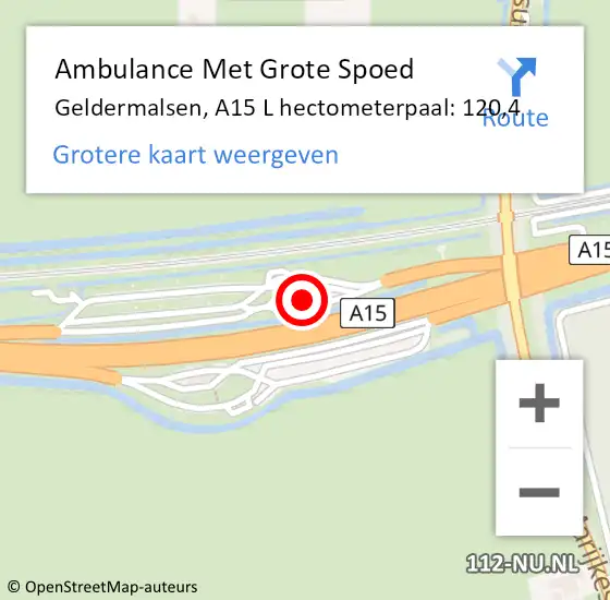 Locatie op kaart van de 112 melding: Ambulance Met Grote Spoed Naar Geldermalsen, A15 L hectometerpaal: 120,4 op 17 januari 2018 21:07