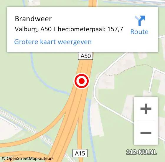 Locatie op kaart van de 112 melding: Brandweer Valburg, A50 L hectometerpaal: 157,7 op 18 januari 2018 09:09