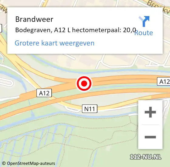 Locatie op kaart van de 112 melding: Brandweer Bodegraven, A12 L hectometerpaal: 20,0 op 18 januari 2018 13:17