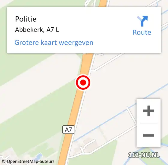 Locatie op kaart van de 112 melding: Politie Abbekerk, A7 L op 18 januari 2018 17:15