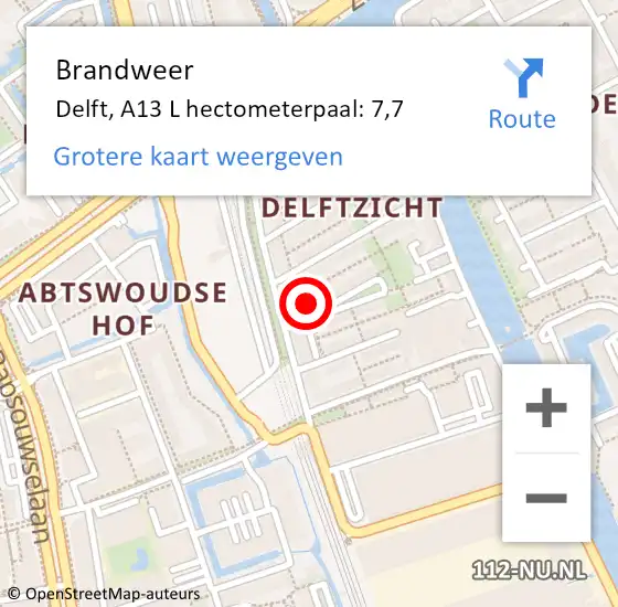 Locatie op kaart van de 112 melding: Brandweer Delft, A13 L hectometerpaal: 7,7 op 19 januari 2018 12:35