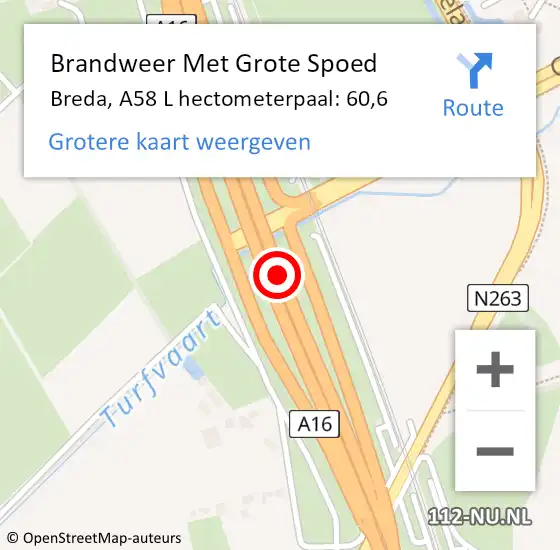 Locatie op kaart van de 112 melding: Brandweer Met Grote Spoed Naar Breda, A58 R hectometerpaal: 62,6 op 19 januari 2018 23:54