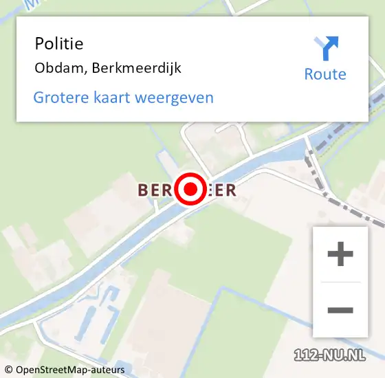 Locatie op kaart van de 112 melding: Politie Obdam, Berkmeerdijk op 20 januari 2018 20:35
