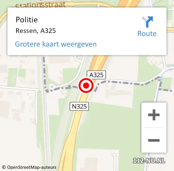 Locatie op kaart van de 112 melding: Politie Ressen, A325 op 20 januari 2018 23:01