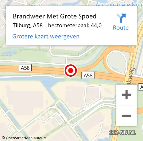 Locatie op kaart van de 112 melding: Brandweer Met Grote Spoed Naar Tilburg, A58 R hectometerpaal: 41,0 op 21 januari 2018 15:17