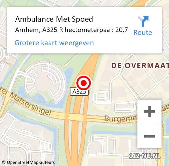 Locatie op kaart van de 112 melding: Ambulance Met Spoed Naar Arnhem, A325 R hectometerpaal: 20,7 op 22 januari 2018 07:04