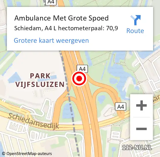 Locatie op kaart van de 112 melding: Ambulance Met Grote Spoed Naar Schiedam, A4 L hectometerpaal: 70,9 op 22 januari 2018 08:28