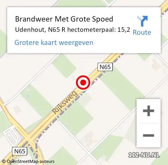 Locatie op kaart van de 112 melding: Brandweer Met Grote Spoed Naar Udenhout, N65 R hectometerpaal: 15,2 op 23 januari 2018 14:40