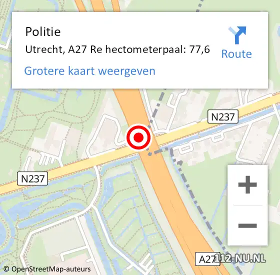 Locatie op kaart van de 112 melding: Politie Utrecht, A27 L hectometerpaal: 83,2 op 23 januari 2018 18:21
