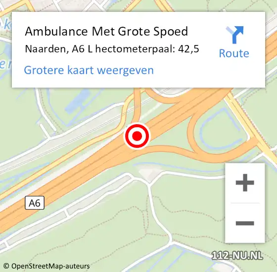 Locatie op kaart van de 112 melding: Ambulance Met Grote Spoed Naar Naarden, A6 L hectometerpaal: 42,5 op 24 januari 2018 06:46