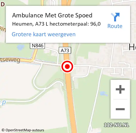 Locatie op kaart van de 112 melding: Ambulance Met Grote Spoed Naar Heumen, A73 L hectometerpaal: 96,0 op 24 januari 2018 16:23