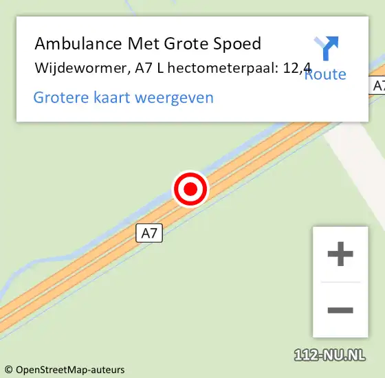 Locatie op kaart van de 112 melding: Ambulance Met Grote Spoed Naar Wijdewormer, A7 L hectometerpaal: 12,4 op 25 januari 2018 06:22