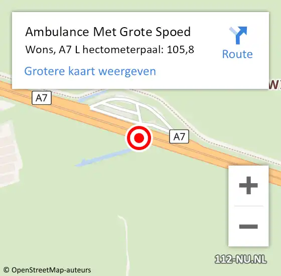 Locatie op kaart van de 112 melding: Ambulance Met Grote Spoed Naar Wons, A7 L hectometerpaal: 105,8 op 25 januari 2018 08:49