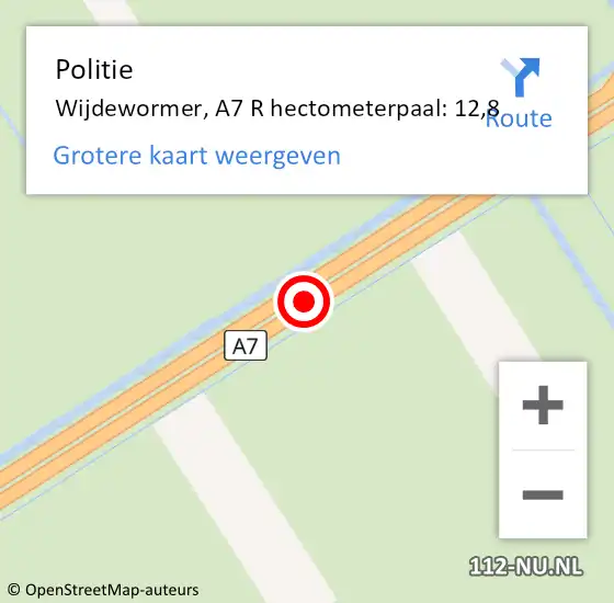 Locatie op kaart van de 112 melding: Politie Wijdewormer, A7 R hectometerpaal: 12,8 op 26 januari 2018 16:08