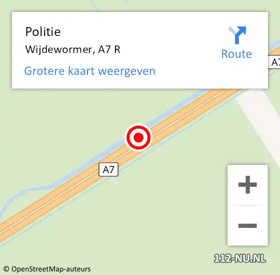 Locatie op kaart van de 112 melding: Politie Wijdewormer, A7 R op 26 januari 2018 16:21