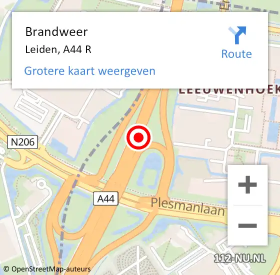 Locatie op kaart van de 112 melding: Brandweer Leiden, A44 R op 29 januari 2018 08:22