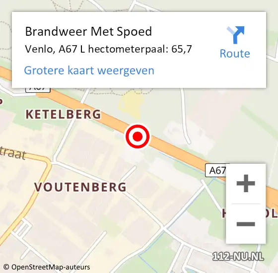 Locatie op kaart van de 112 melding: Brandweer Met Spoed Naar Venlo, A67 L hectometerpaal: 65,7 op 30 januari 2018 05:54