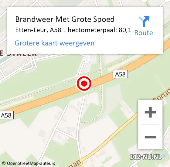 Locatie op kaart van de 112 melding: Brandweer Met Grote Spoed Naar Etten-Leur, A58 L hectometerpaal: 76,1 op 30 januari 2018 09:02