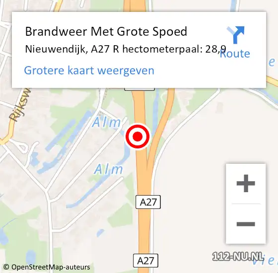 Locatie op kaart van de 112 melding: Brandweer Met Grote Spoed Naar Nieuwendijk, A27 R hectometerpaal: 31,5 op 31 januari 2018 06:16
