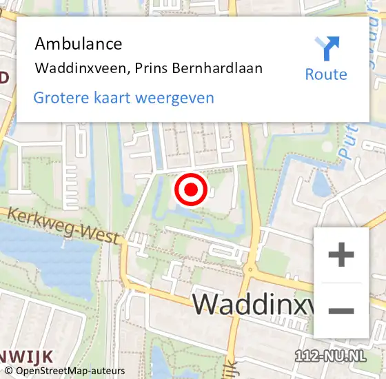 Locatie op kaart van de 112 melding: Ambulance Waddinxveen, Prins Bernhardlaan op 31 januari 2018 16:56