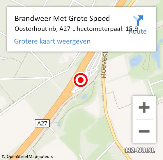 Locatie op kaart van de 112 melding: Brandweer Met Grote Spoed Naar Oosterhout nb, A27 R hectometerpaal: 15,4 op 4 februari 2018 06:48