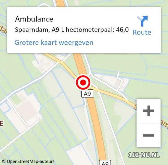 Locatie op kaart van de 112 melding: Ambulance Spaarndam, A9 L hectometerpaal: 46,0 op 6 februari 2018 06:48