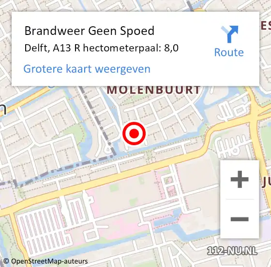 Locatie op kaart van de 112 melding: Brandweer Geen Spoed Naar Delft, A13 R hectometerpaal: 8,0 op 6 februari 2018 10:13
