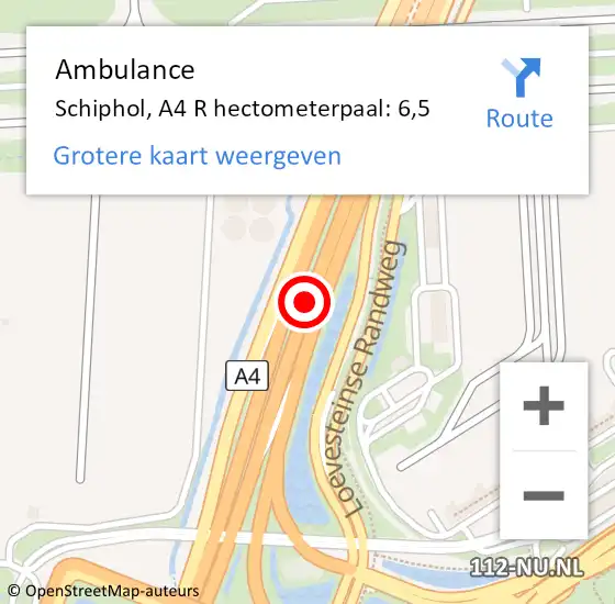 Locatie op kaart van de 112 melding: Ambulance Schiphol, A4 R hectometerpaal: 6,5 op 7 februari 2018 01:31