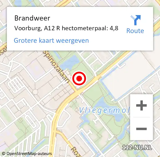 Locatie op kaart van de 112 melding: Brandweer Voorburg, A12 R hectometerpaal: 4,8 op 7 februari 2018 09:07