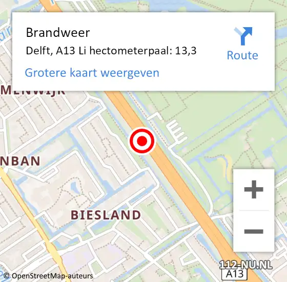 Locatie op kaart van de 112 melding: Brandweer Delft, A13 L hectometerpaal: 11,9 op 8 februari 2018 07:43