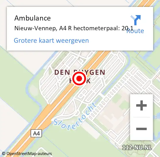 Locatie op kaart van de 112 melding: Ambulance Hoofddorp, A4 R hectometerpaal: 12,1 op 8 februari 2018 17:22
