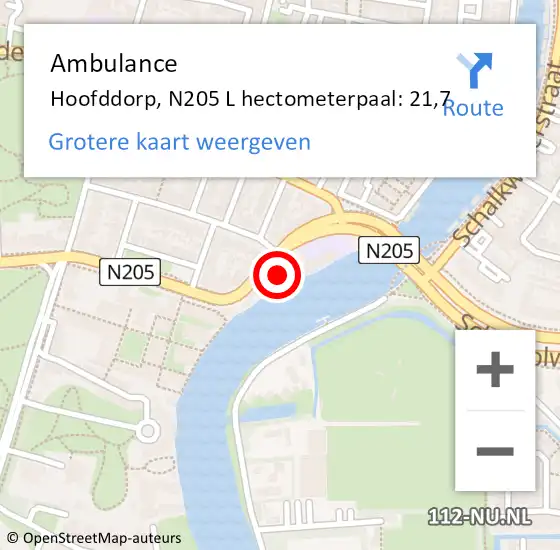 Locatie op kaart van de 112 melding: Ambulance Hoofddorp, N205 L hectometerpaal: 21,7 op 9 februari 2018 06:21