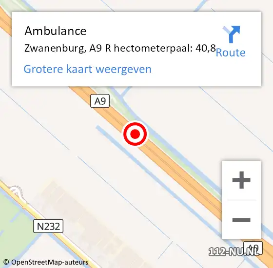 Locatie op kaart van de 112 melding: Ambulance Zwanenburg, A9 R hectometerpaal: 40,8 op 9 februari 2018 14:59